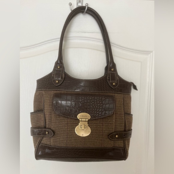 Chaps By Ralph Lauren Brown Tweed and Croc Handbag - Picture 1 of 14